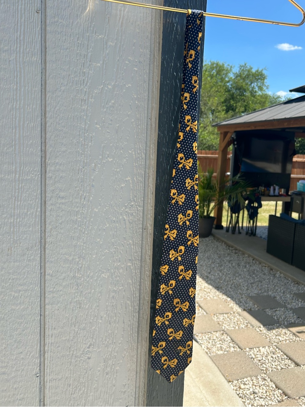 Nina Ricci Navy Silk Tie with Yellow Motif and White Dots